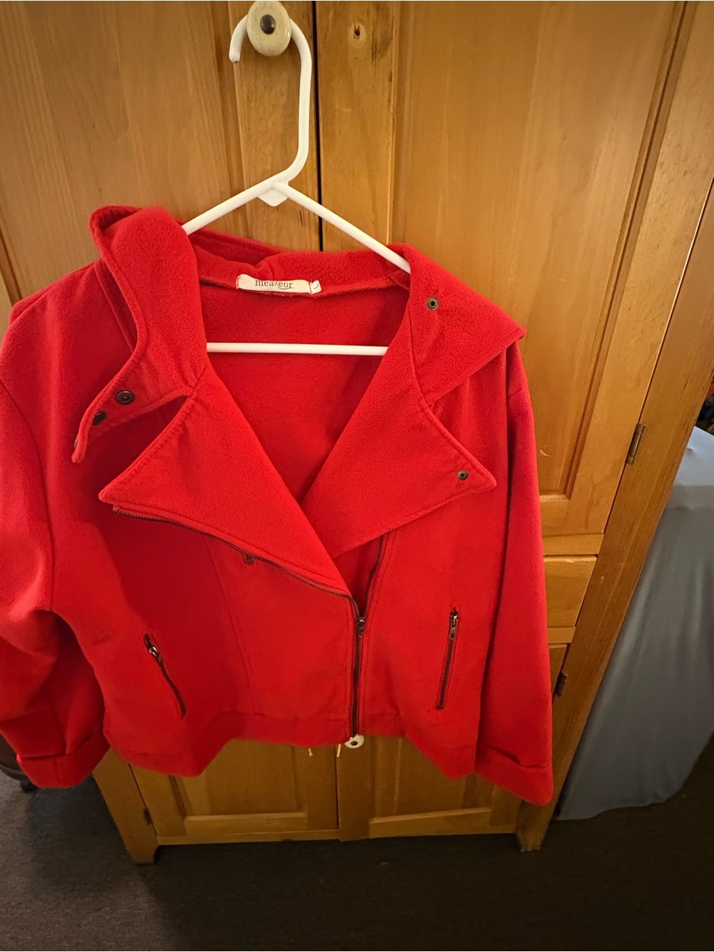 Meaneor Womens Red Fleece Asymmetric Moto Jacket Hooded Zip Front Size Large